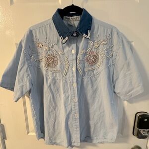 Jane Ashley VTG Beaded Embroidered 100% Cotton Button Down Fancy Grannycore Med